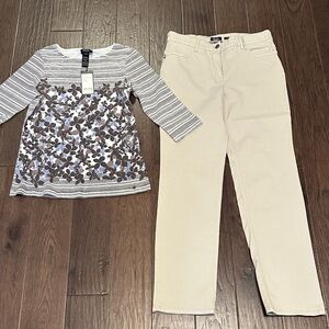 Striped with floral design top and beiges pants